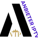 Anbieter IPTV Logo mit modernem Design und VIP-Schriftzug in Schwarz, Gold und Lila.